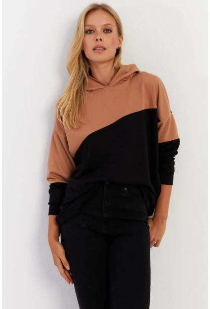 Kadın Camel-Siyah Renk Bloklu Kapüşonlu Sweatshirt DA148