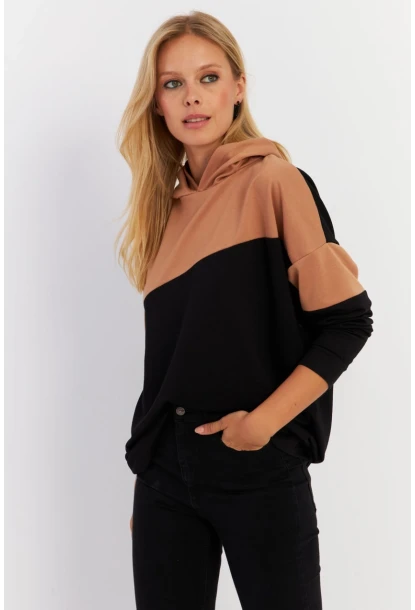 Kadın Camel-Siyah Renk Bloklu Kapüşonlu Sweatshirt DA148