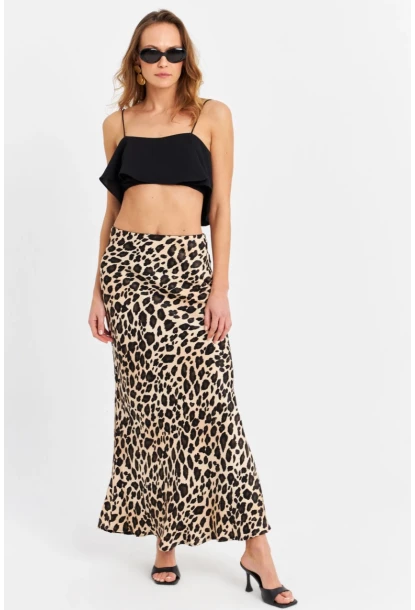 Kadın Camel-Siyah Saten Leopar Etek CAR2431