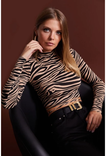 Kadın Camel-Siyah Sırt Dekolteli Zebra Desenli Crop Bluz LPP1131