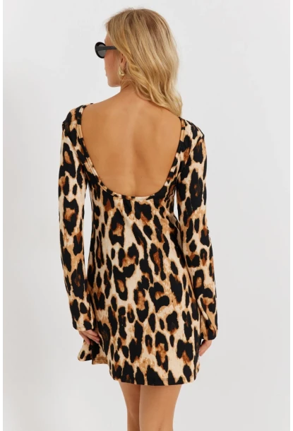 Kadın Camel-Siyah Sırtı Açık Leopar Desenli Midi Elbise EY2891