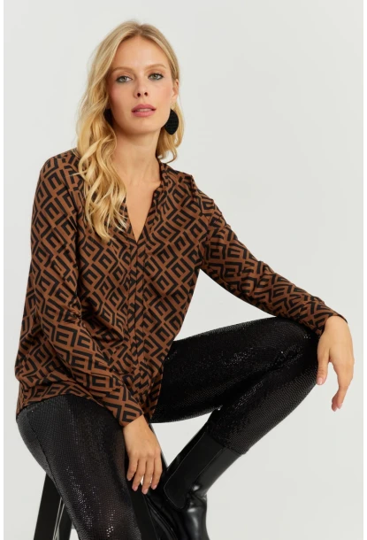 Kadın Camel-Siyah V Yaka Bluz AYD258