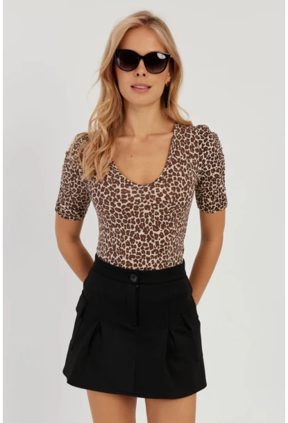 Kadın Camel-Siyah V Yaka Leopar Bluz LPP1263