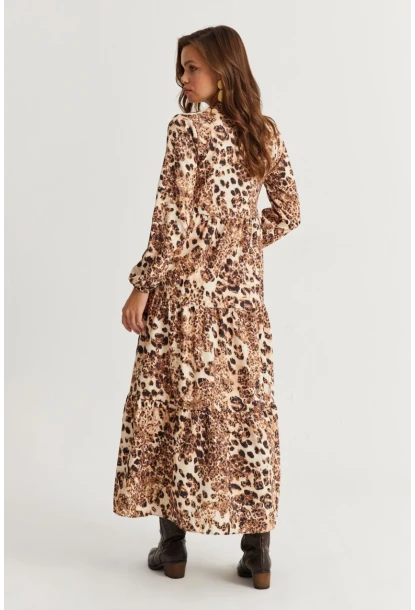 Kadın Camel-Siyah Volanlı Desenli Maxi Elbise MYLE14