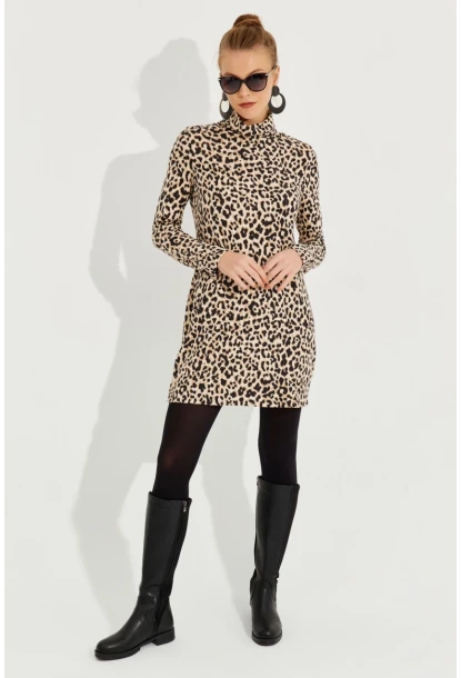 Kadın Camel-Siyah Yumoş Leopar Mini Elbise AYD253