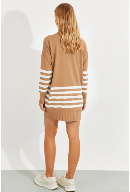 Kadın Camel Triko Çizgili Tunik YV202