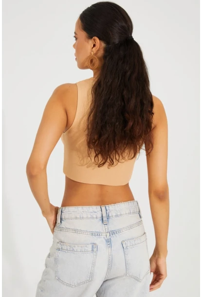 Kadın Camel Triko Crop Triko Bluz KZ2447