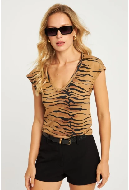 Kadın Camel V Yaka Desenli Bluz LPP1285