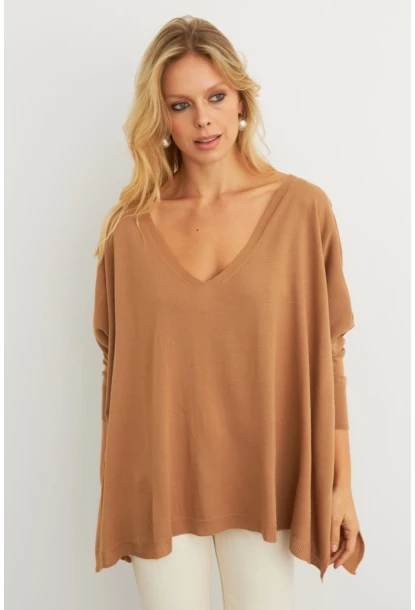 Kadın Camel V Yaka Salaş Bluz YV304