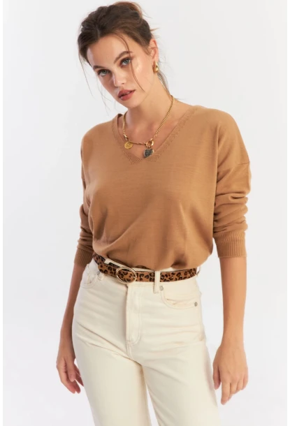 Kadın Camel V Yaka Yalaş Triko Bluz YİL552