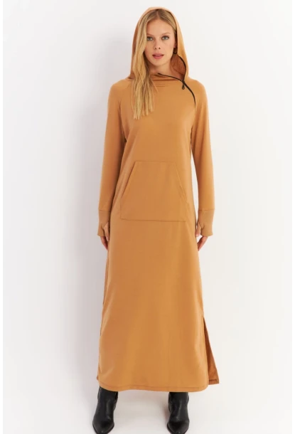 Kadın Camel Yakası Fermuarlı Maxi Sweat Elbise TF12
