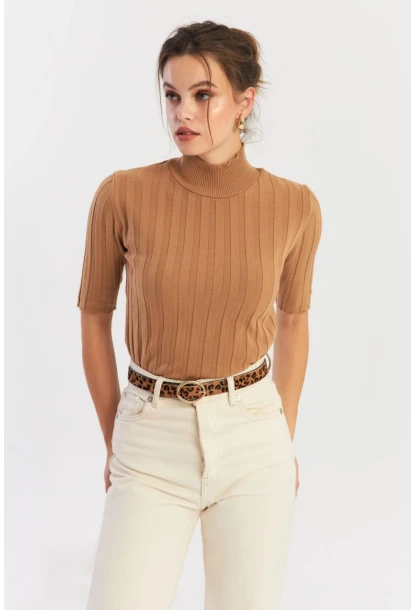 Kadın Camel Yarım Balıkçı Triko Bluz YV287