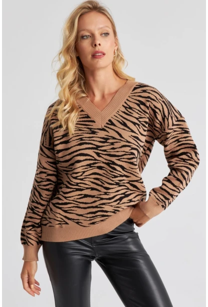 Kadın Camel Zebra Desenli Triko Kazak YZ521