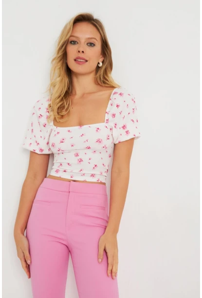 Kadın Çiçekli Crop Bluz Beyaz AYD270