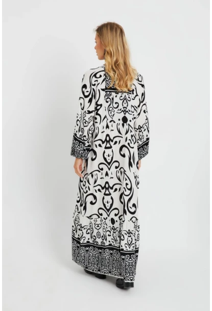 Kadın Desenli Salaş Maxi Elbise Beyaz-Siyah Q981