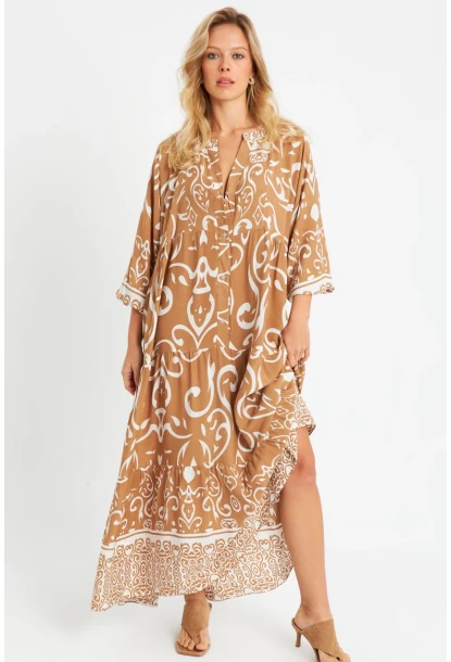 Kadın Desenli Salaş Maxi Elbise Camel Q981