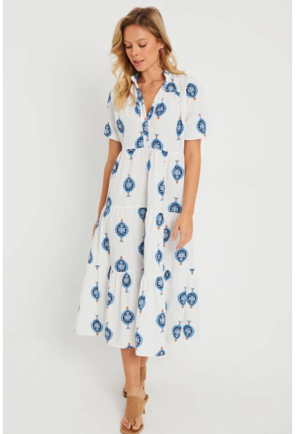 Kadın Desenli Salaş Mini Elbise Beyaz ASH23046