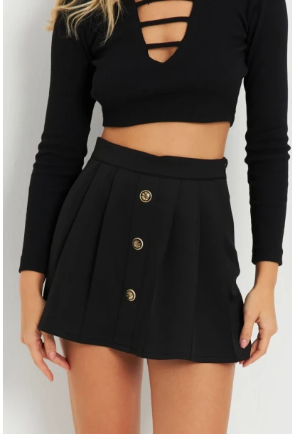 Kadın Düğme Detaylı Şort Etek Siyah KED0051