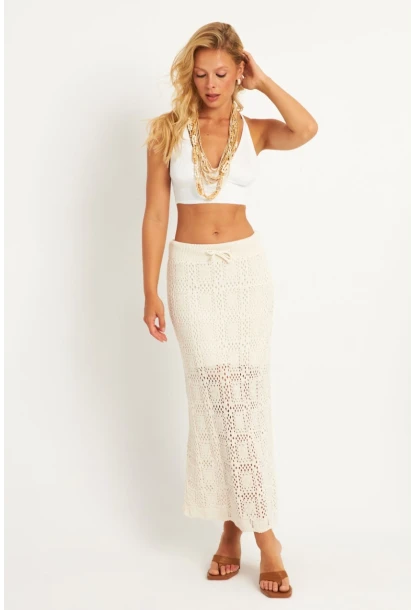 Kadın Ekru Ajurlu Astarlı Triko Maxi Etek TOP05