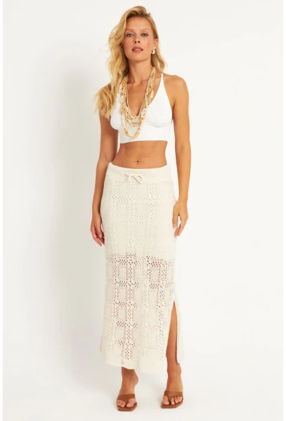 Kadın Ekru Ajurlu Astarlı Triko Maxi Etek TOP05