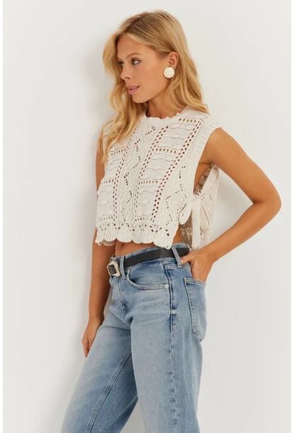 Kadın Ekru Ajurlu Bağlamalı Süveter MİW0661
