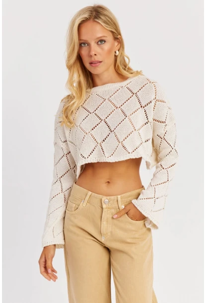 Kadın Ekru Ajurlu Kısa Triko Bluz YZ628