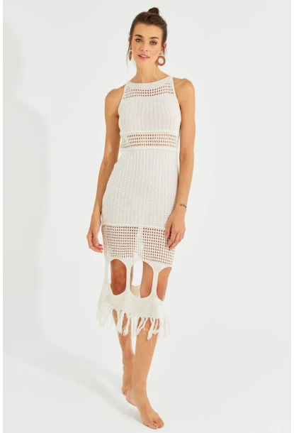 Kadın Ekru Ajurlu Maxi Plaj Elbisesi KZ521