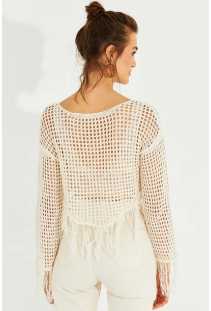 Kadın Ekru Ajurlu Püsküllü Triko Bluz KZ2462