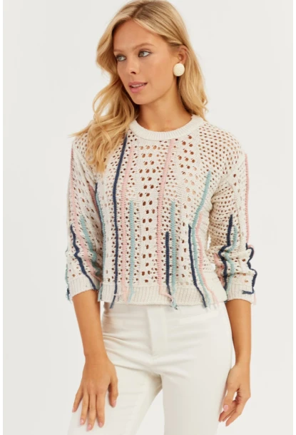 Kadın Ekru Ajurlu Renkli Triko Bluz MİW2761