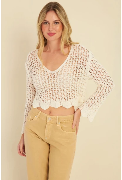 Kadın Ekru Ajurlu Triko Bluz MZU603