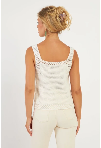 Kadın Ekru Ajurlu Triko Bluz YV258