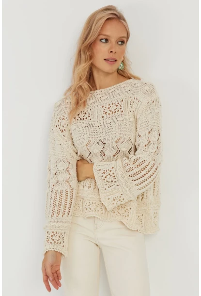 Kadın Ekru Ajurlu Triko Bluz YZ620