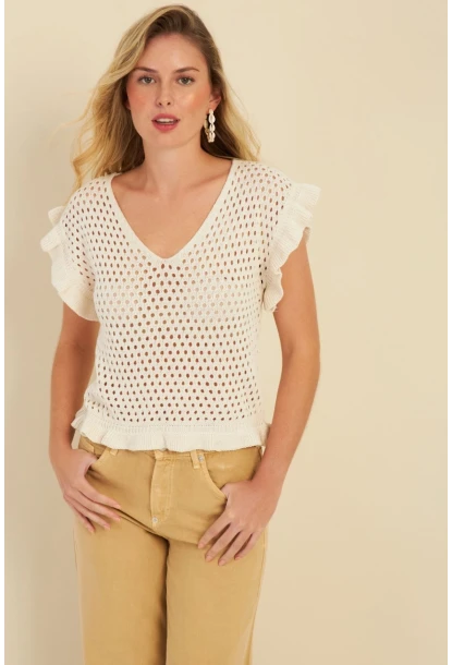 Kadın Ekru Ajurlu Triko Bluz ZU607