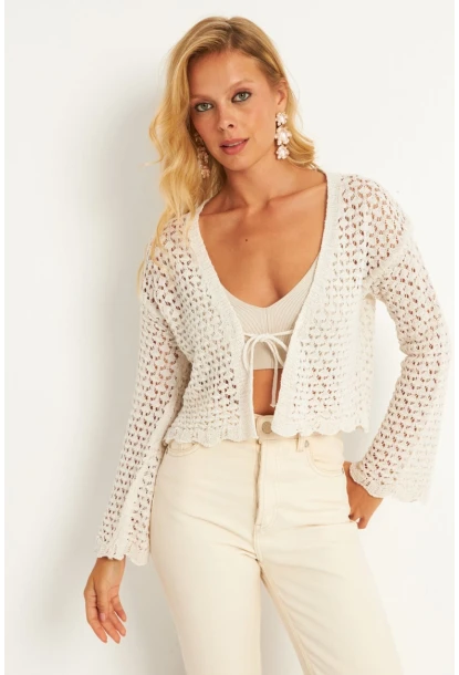 Kadın Ekru Ajurlu Triko Hırka YV248