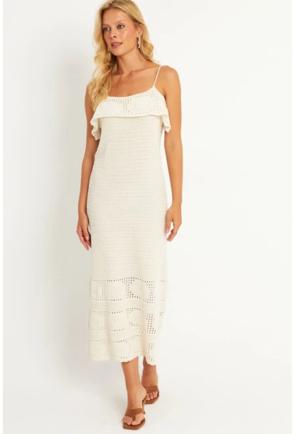 Kadın Ekru Ajurlu Triko Midi Elbise HC1569