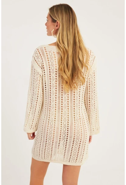 Kadın Ekru Ajurlu Triko Mini Elbise MZU605