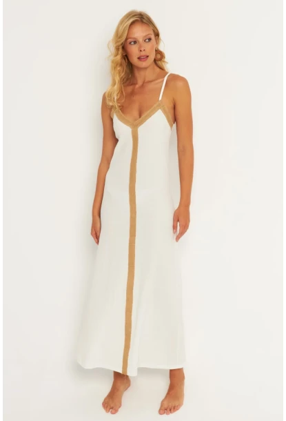 Kadın Ekru Aksesuarlı Bürümcük Midi Plaj Elbise EY2839