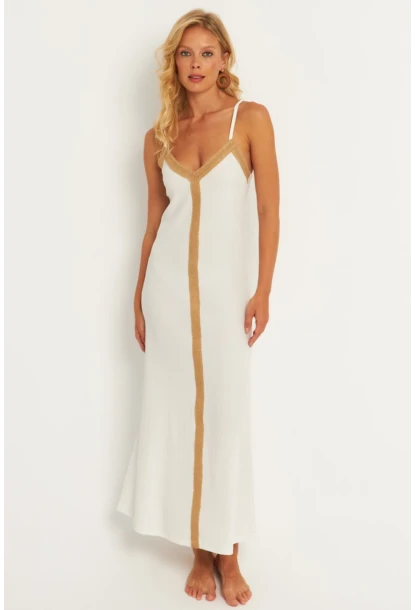 Kadın Ekru Aksesuarlı Bürümcük Midi Plaj Elbise EY2839