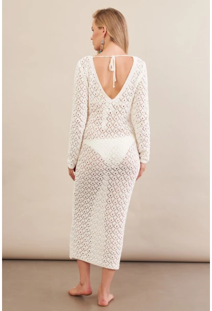 Kadın Ekru Aksesuarlı Triko Plaj Elbisesi KZ3237-90