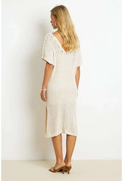 Kadın Ekru Astarlı Simli Triko Midi Elbise ET04