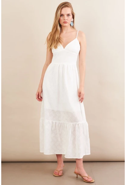 Kadın Ekru Ayarlanabilir Askılı Fistolu Midi Elbise İRE100