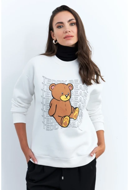 Kadın Ekru Ayıcık Baskılı Sweatshirt MZM288