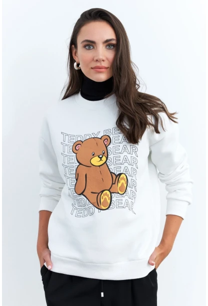 Kadın Ekru Ayıcık Baskılı Sweatshirt ZM288