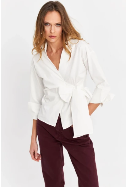 Kadın Ekru Bağlamalı Kruvaze Gömlek MFS9792