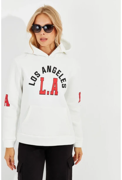 Kadın Ekru Baskılı Kapüşonlu Sweatshirt DA146