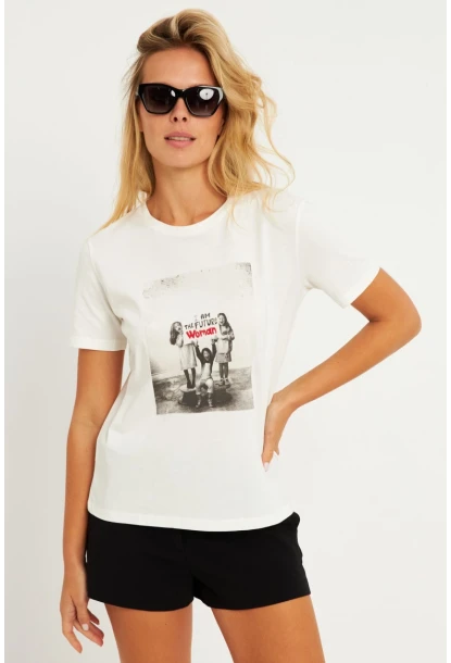 Kadın Ekru Baskılı T-Shirt AYD322