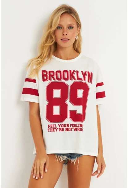 Kadın Ekru Baskılı T-Shirt AYD323