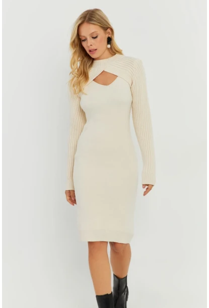 Kadın Ekru Bolerolu Triko Maxi Elbise YZ558