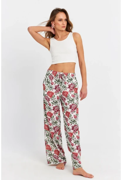 Kadın Ekru-Bordo Çiçek Desenli Pantolon FLS03