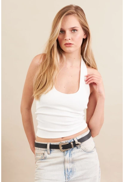 Kadın Ekru Boyun Askılı Bluz ZH171
